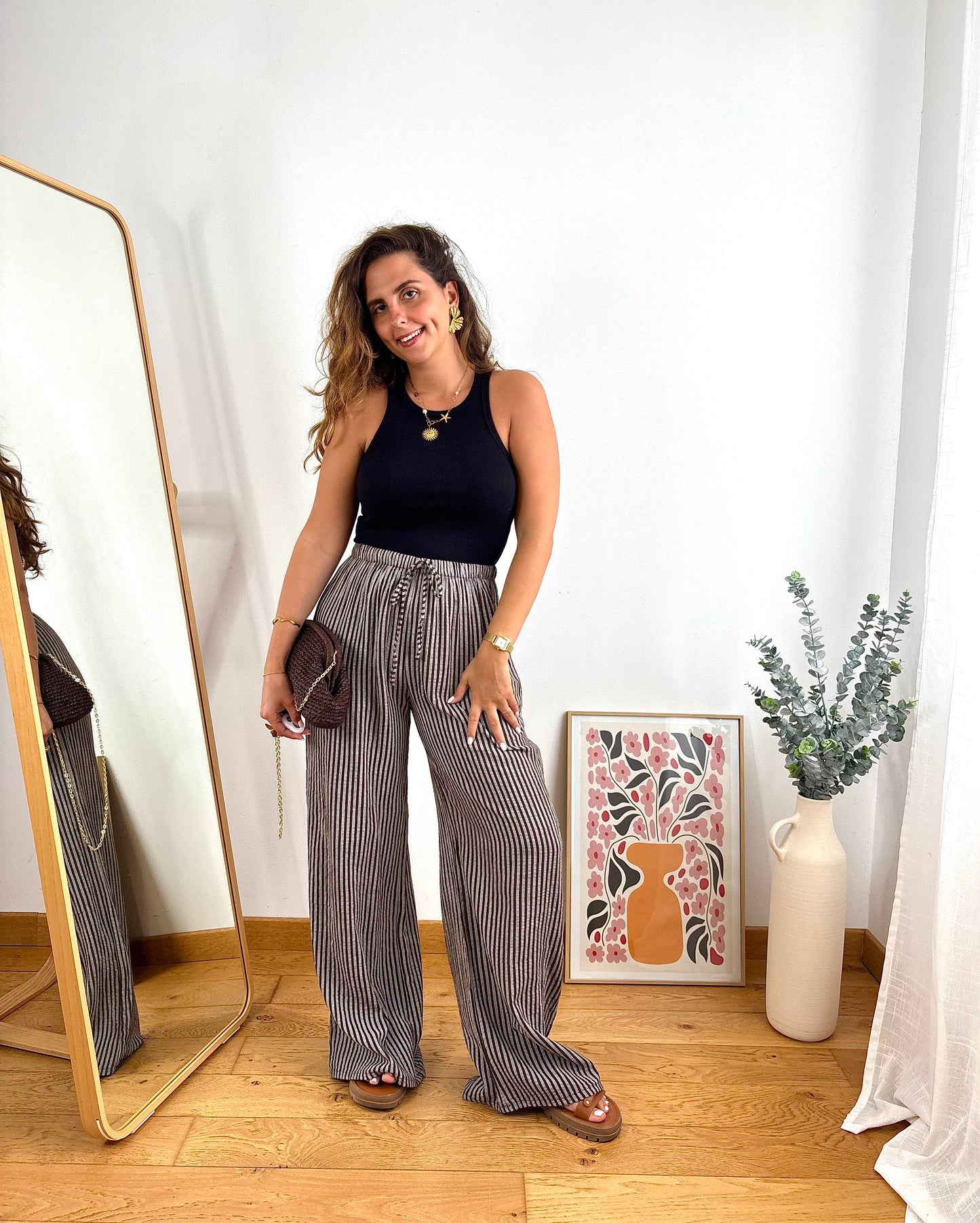 Pantalon coton rayures- MARRON