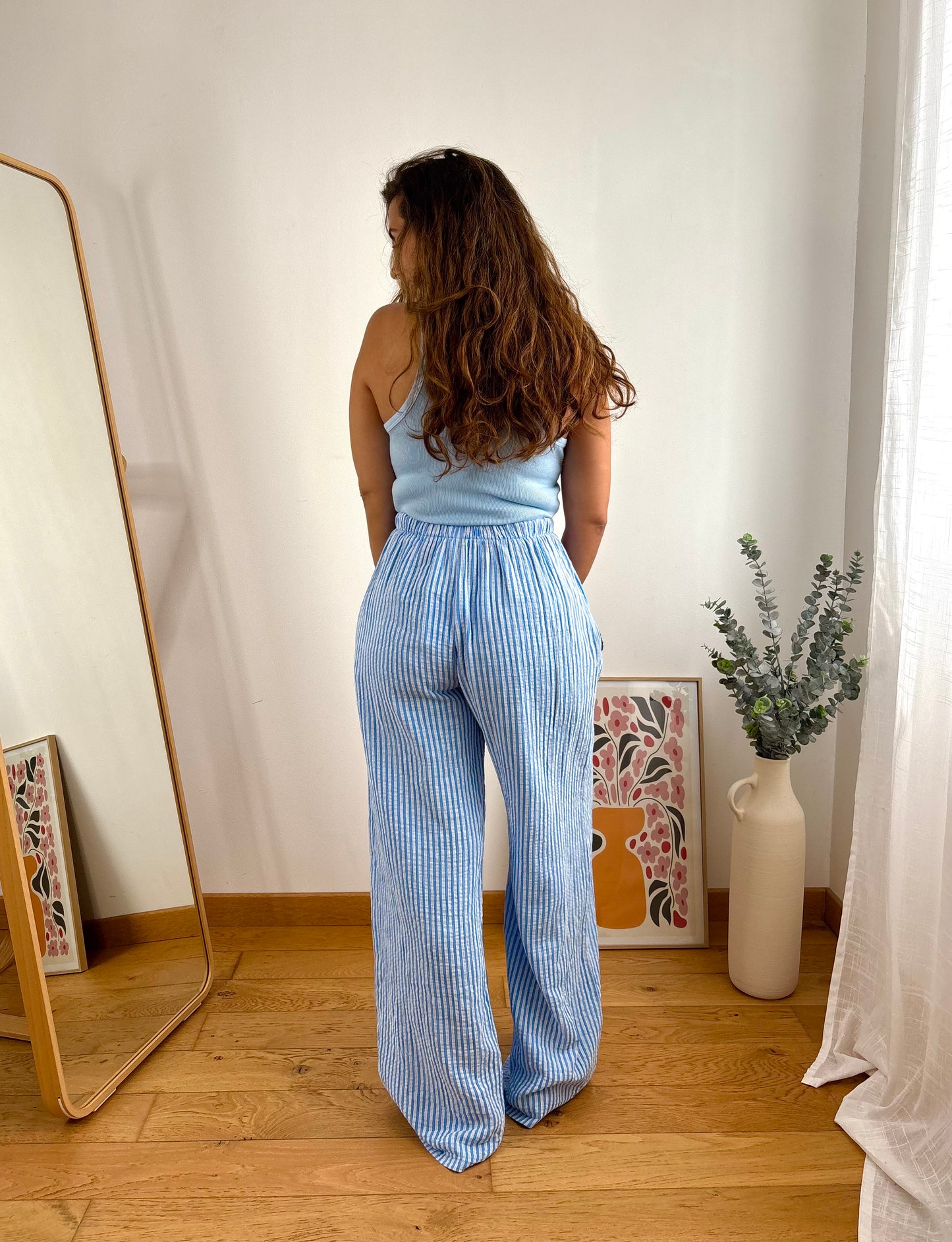 Pantalon coton rayures- BLEU