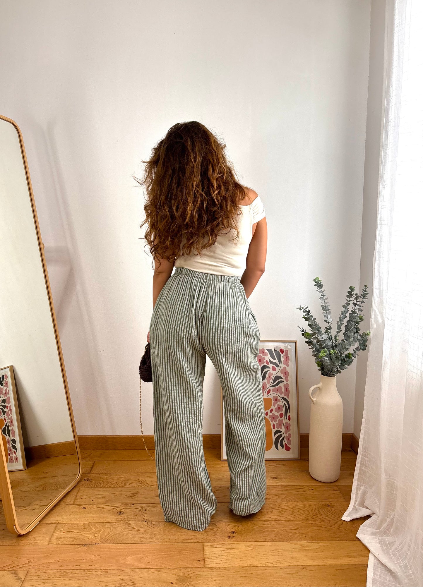 Pantalon coton rayures- KAKI