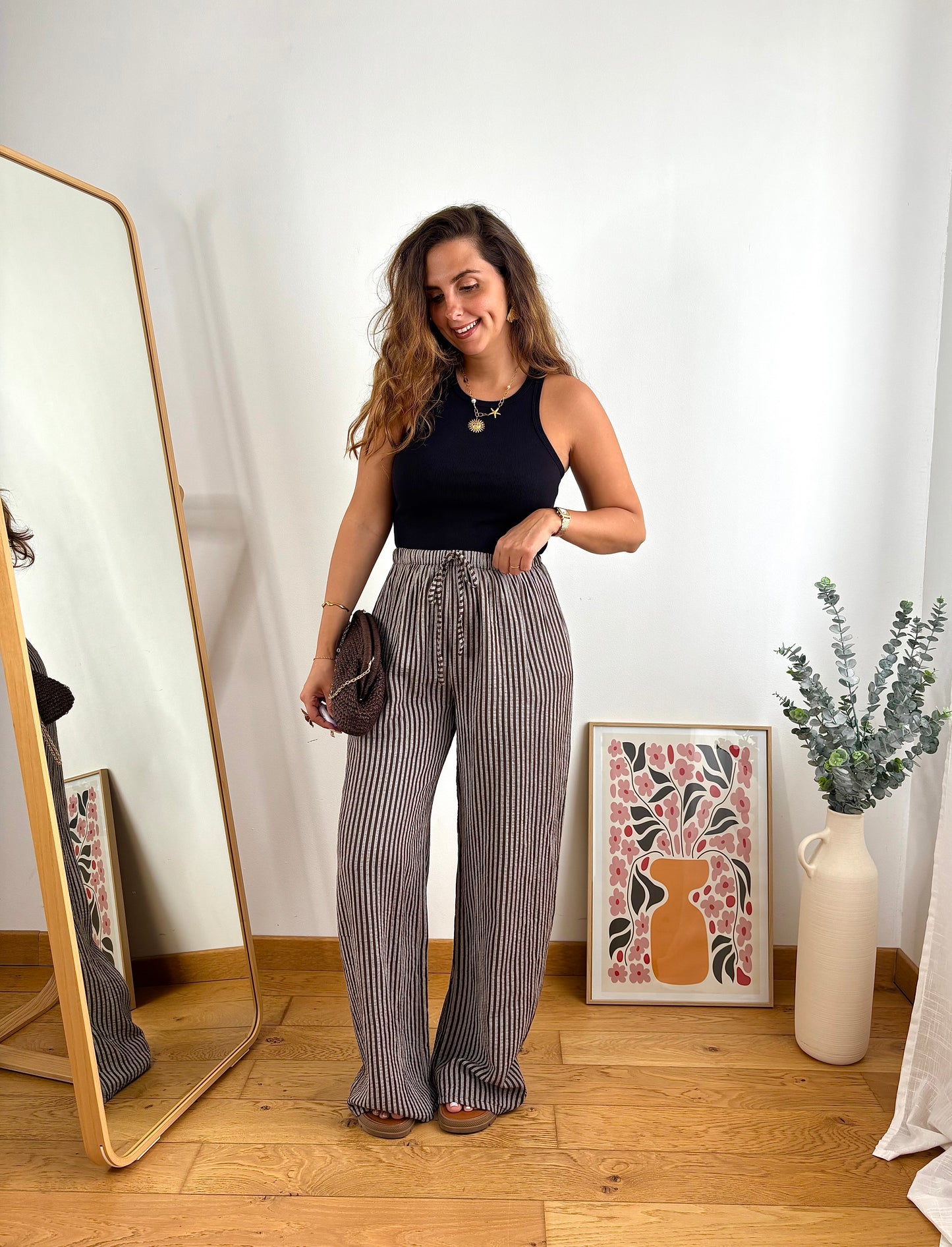 Pantalon coton rayures- MARRON