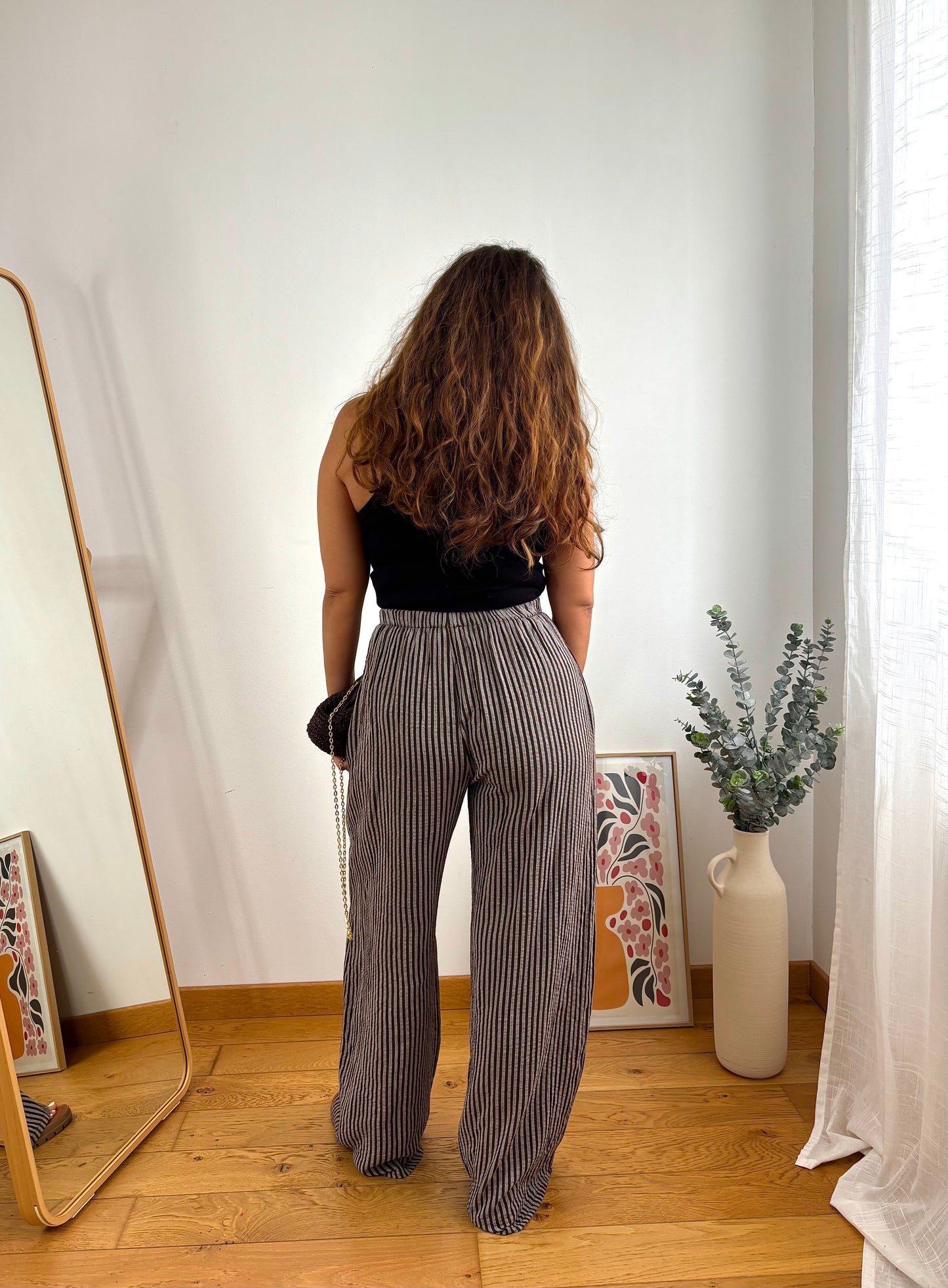 Pantalon coton rayures- MARRON