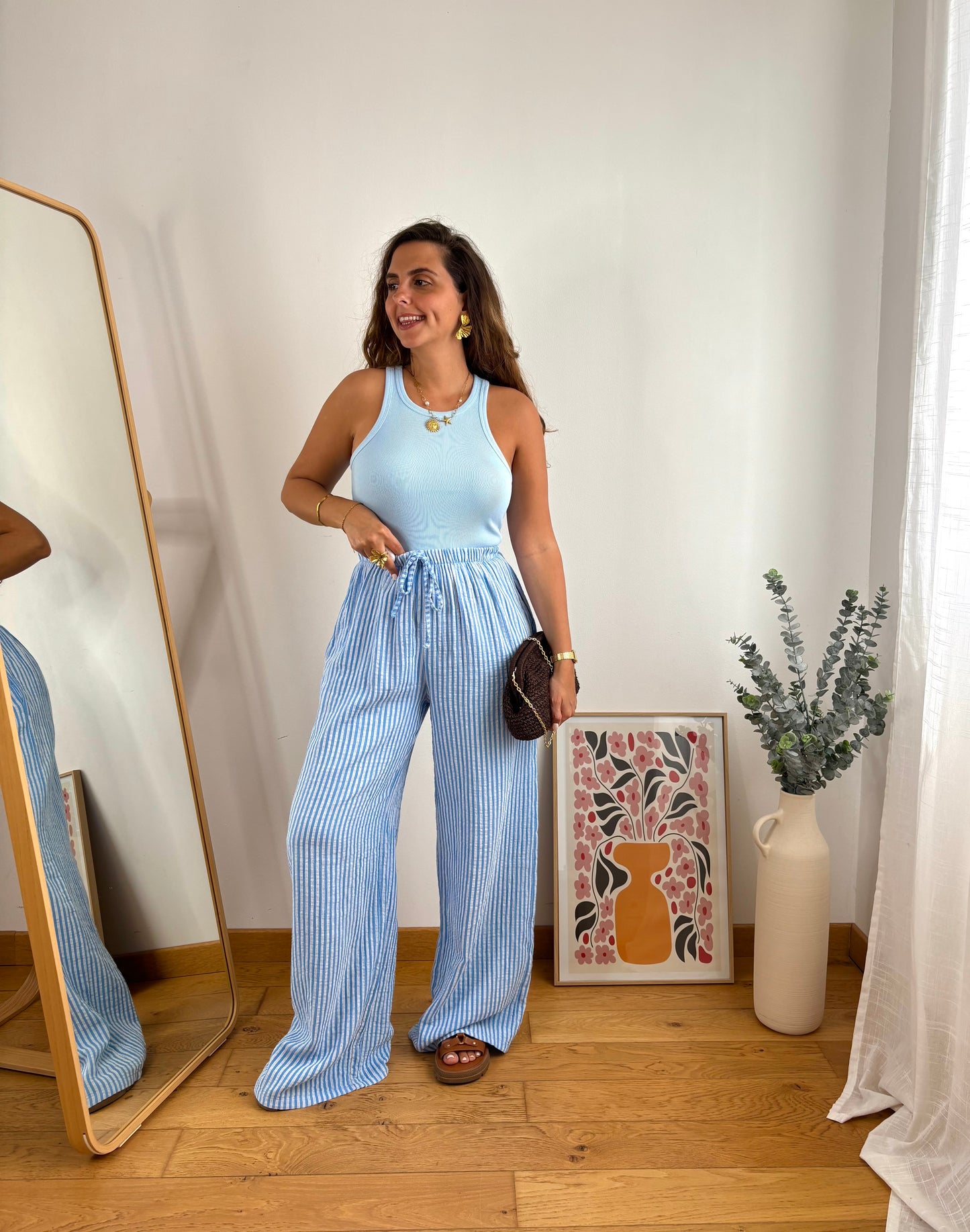 Pantalon coton rayures- BLEU