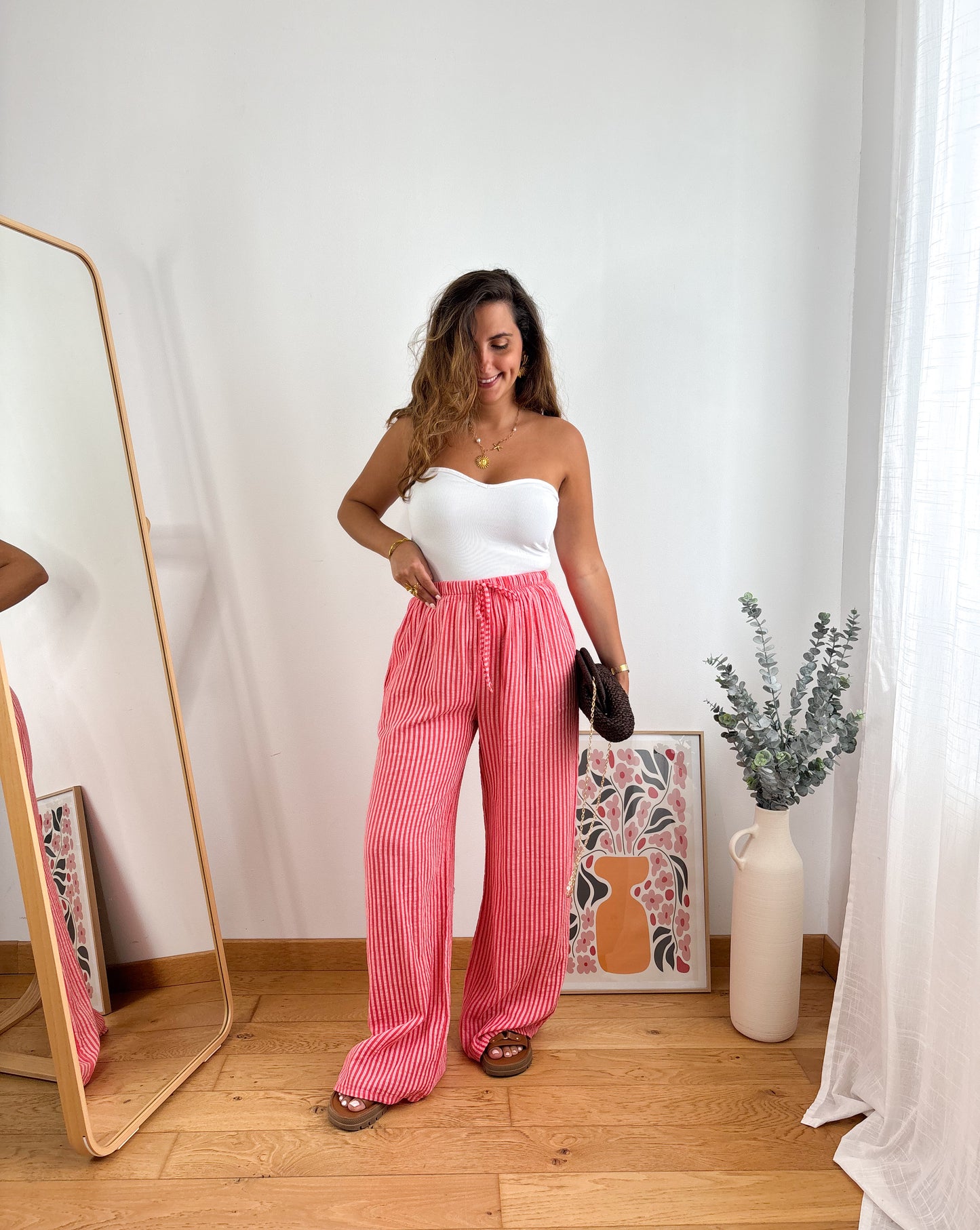 Pantalon coton rayures- CORAIL