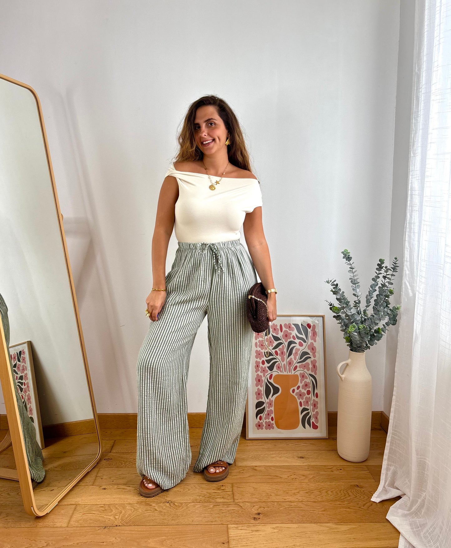 Pantalon coton rayures- KAKI