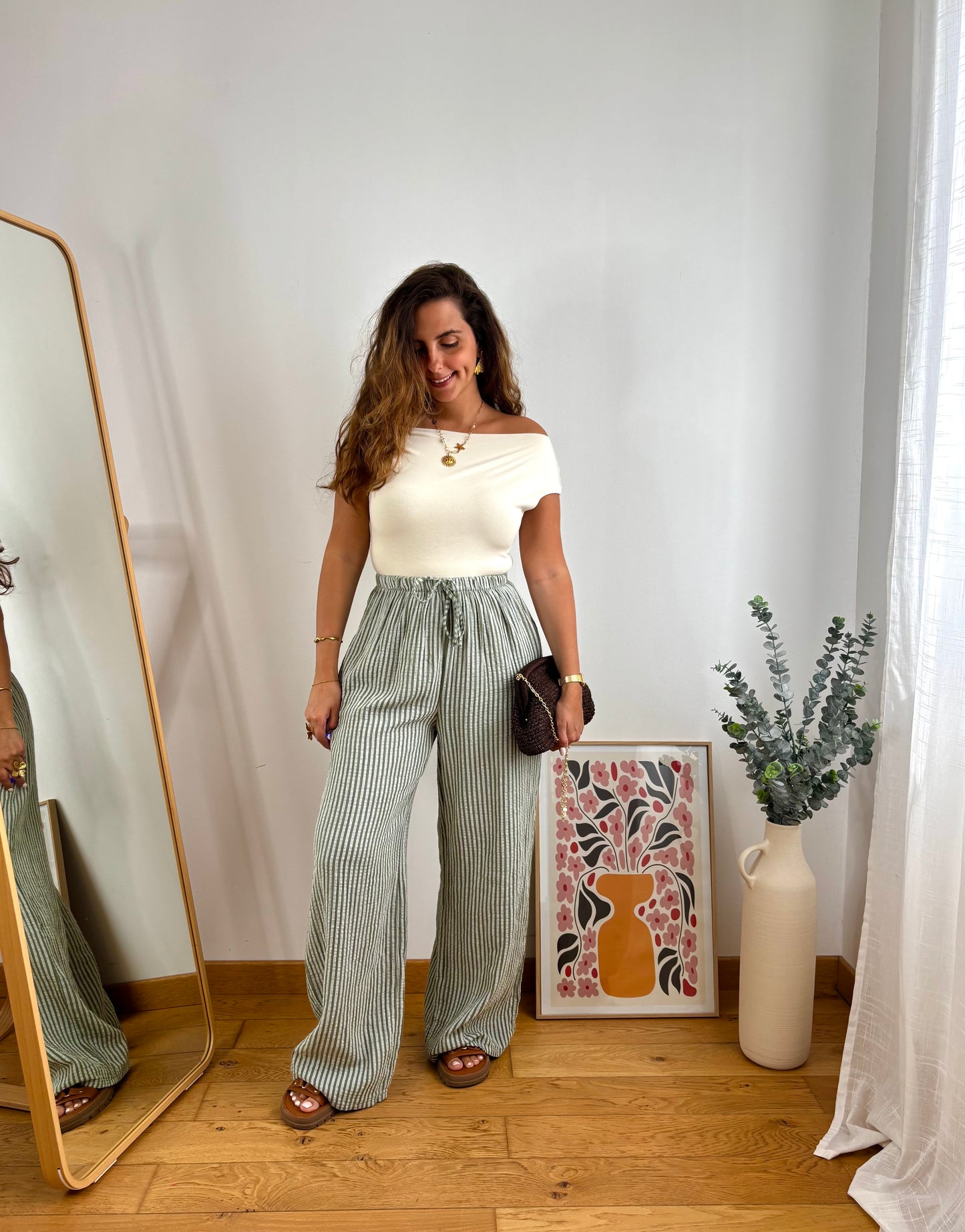 Pantalon coton rayures- KAKI