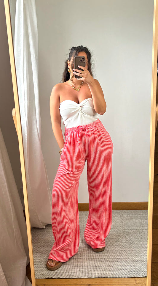 Pantalon gaze rayures-Corail